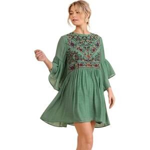 Umgee Boho Bliss Embroidered Boho Dress NWT Women’s XL Green Ruffle Sleeve Tunic
